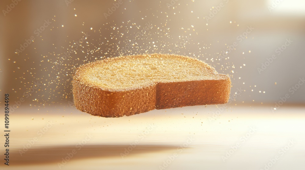 Poster floating slice of toast with sparkling crumbs in soft light