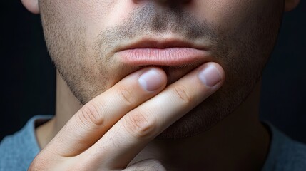 Naklejka premium Close Up Portrait of a Man Thinking with Finger on Lip