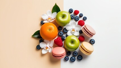 An artistic arrangement of fresh fruits, colorful macarons, and delicate flowers, perfect for dessert lovers and vibrant lifestyle imagery