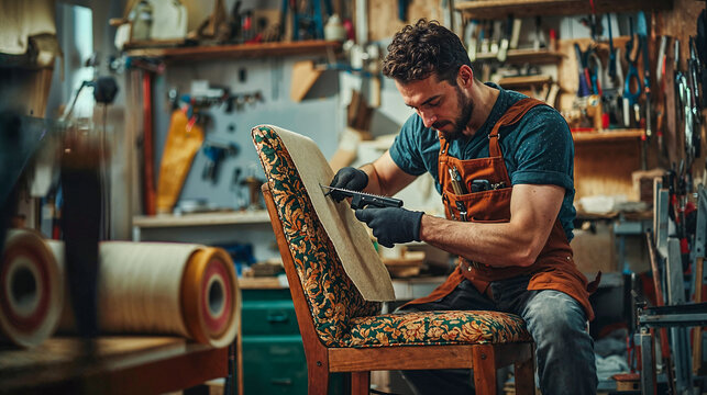An upholsterer is working on an armchair in his workshop