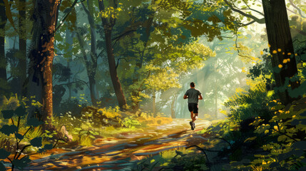 Fototapeta premium A fitness enthusiast jogging through a beautiful forest trail