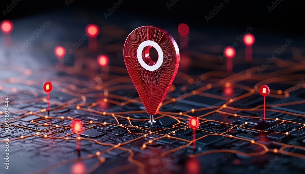 Poster a detailed 3d rendered map with a prominent red location marker highlighting a point.