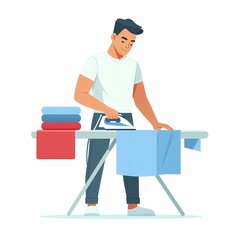 Fototapeta premium Flat Style Illustration of a Man Ironing Clothes, White Background