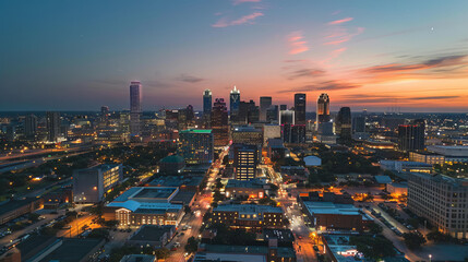 An aerial view of a bustling city skyline at dusk, with lights starting to twinkle