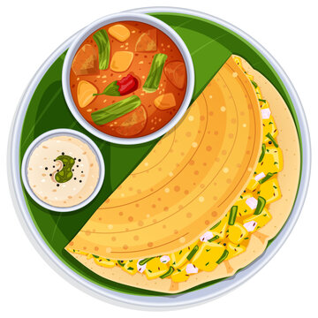 Masala Dosa Served with Sambar and Coconut Chutney on Banana Leaf in Thali. Top View South Indian Cuisine Illustration