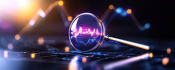 A magnifying glass focusing on data trends and statistics on a digital screen.