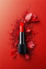 Vibrant Orange Lipstick with Abstract Floral Background Design