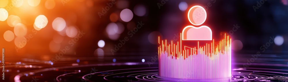 Poster abstract digital representation of sound waves around a person in a modern design.