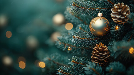 Christmas tree with golden baubles and pinecones against a turquoise background with soft bokeh lights