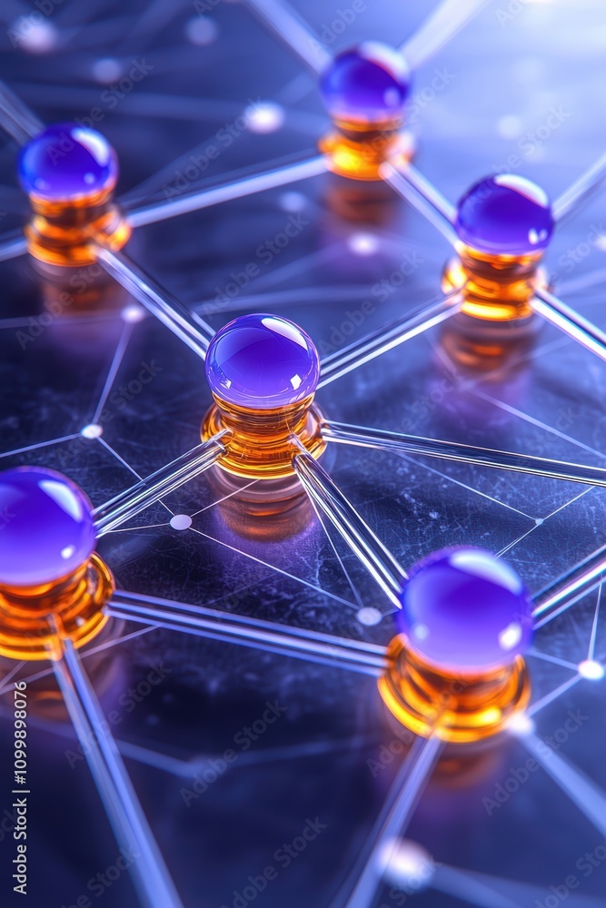Poster abstract representation of molecular structures with colorful spheres and connections.