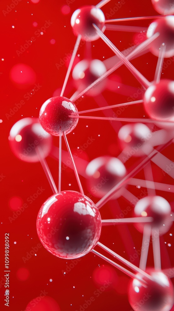 Poster abstract representation of molecular structures against a vibrant red background.