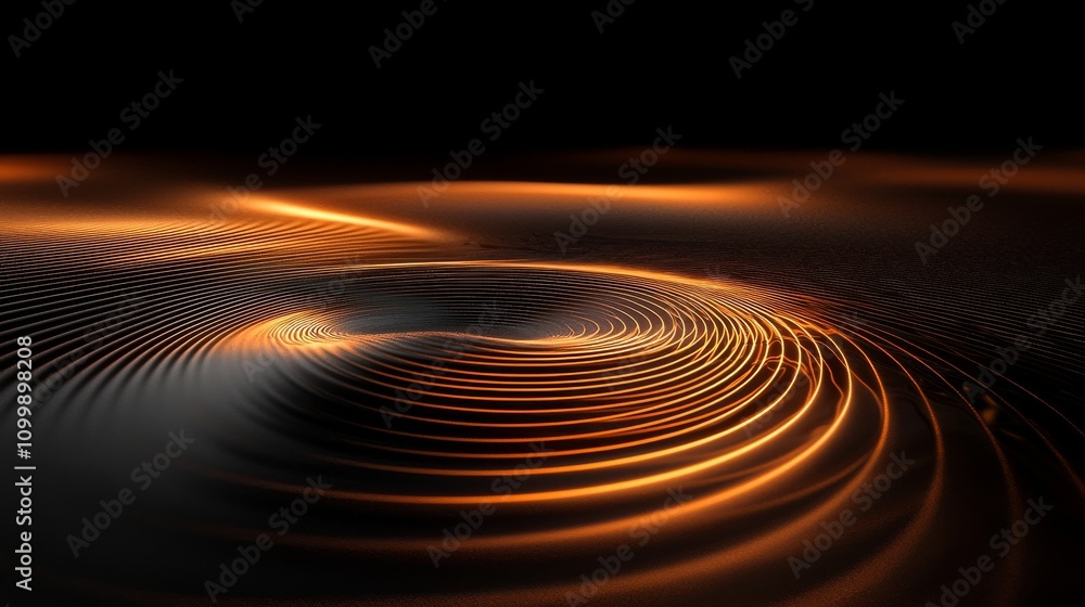 Poster a mesmerizing ripple pattern in dark tones, featuring golden hues that create a dynamic, flowing vis