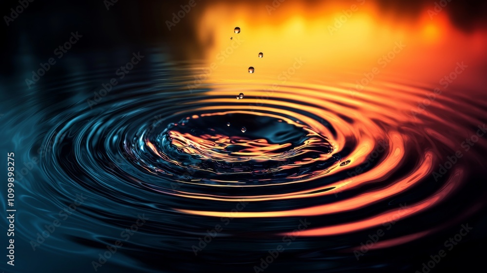Poster this image captures a water droplet creating ripples on a serene surface, set against a beautiful gr