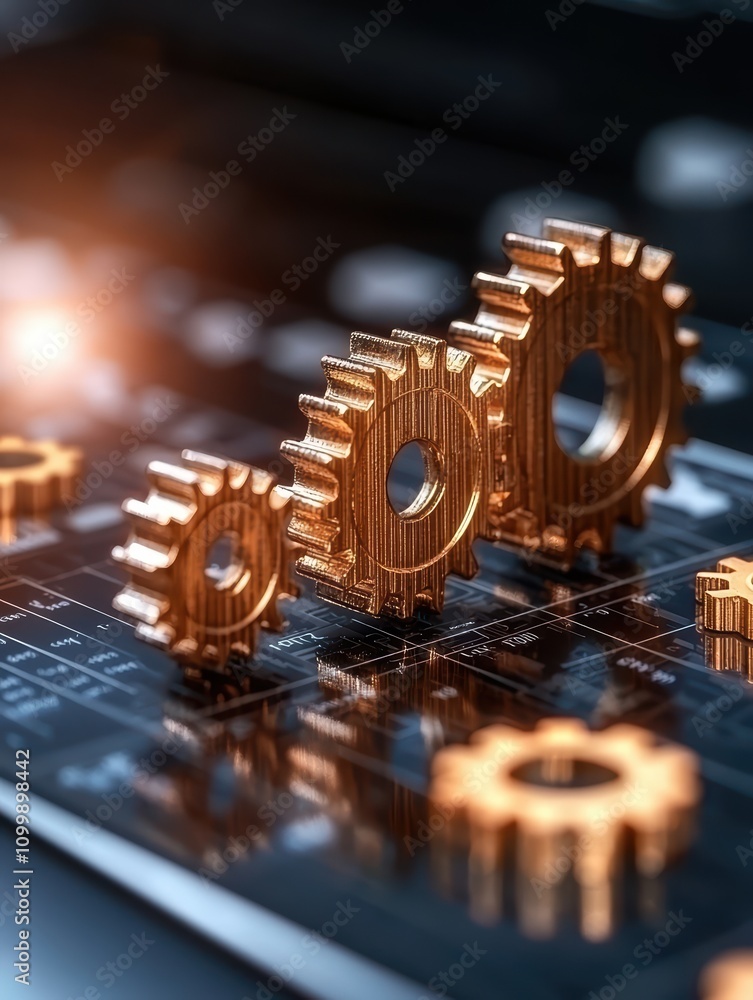 Poster close-up of metallic gears on a blueprint, symbolizing precision and engineering.