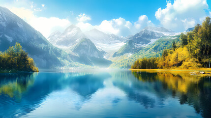 Fototapeta premium Mountain with blue lake nature landscape. ai generated image. Nature. Illustration