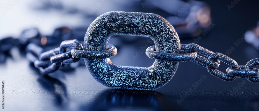 Poster close-up view of a metallic chain link with a textured surface against a dark background.
