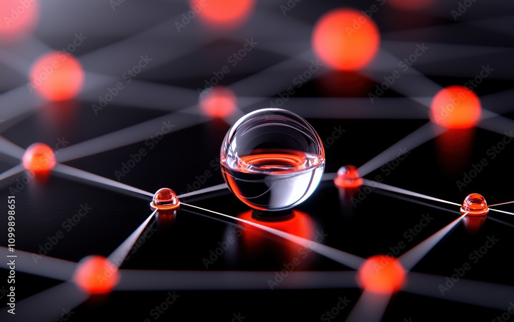 Poster close-up view of a water droplet reflecting a network of red nodes on a dark surface.