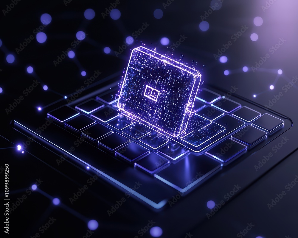 Poster futuristic computer chip on a keyboard, symbolizing advanced technology and innovation.