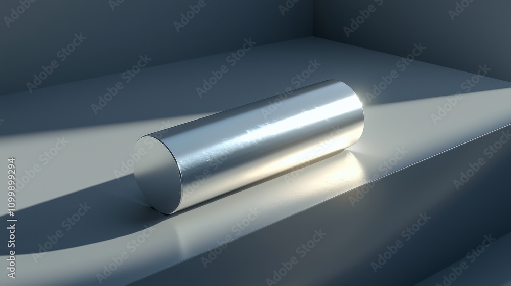 Poster a sleek metallic cylinder rests on a minimalist surface, illuminated by soft light, creating a seren