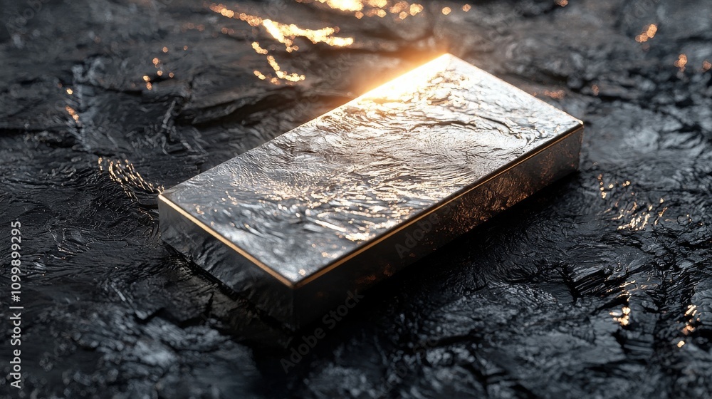 Poster a reflective metal bar rests on a textured surface, illuminated by soft light, creating an intriguin