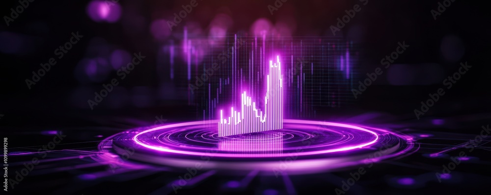 Poster futuristic data visualization with glowing purple graph on a dark background.