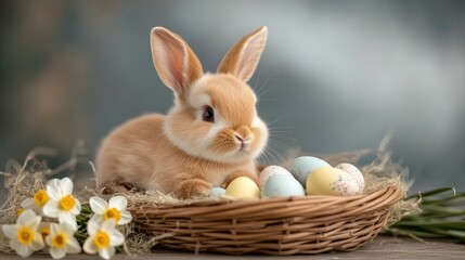 A fluffy rabbit sits in a wicker basket filled with pastel-colored eggs. Surrounding the basket are vibrant flowers, capturing the essence of springtime festivities
