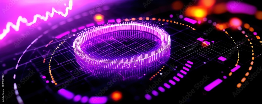 Poster futuristic digital interface with vibrant purple and circular data visualization.