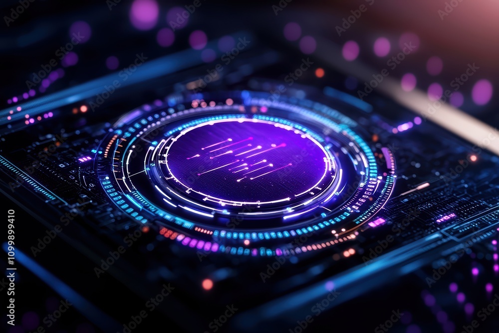Poster futuristic digital interface with vibrant colors and intricate patterns.