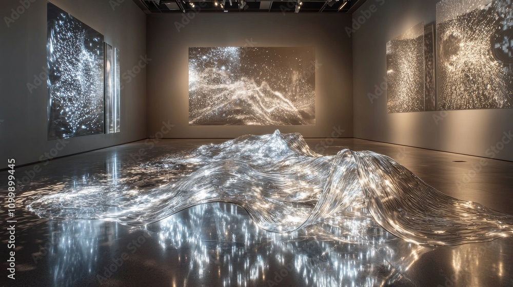 Poster a captivating art installation featuring shimmering reflections and textures, creating an immersive 
