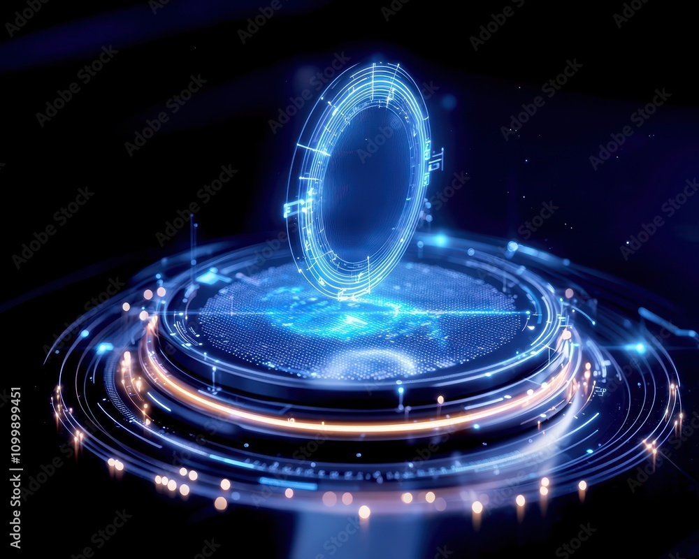 Poster futuristic digital portal interface with glowing effects and circular patterns.