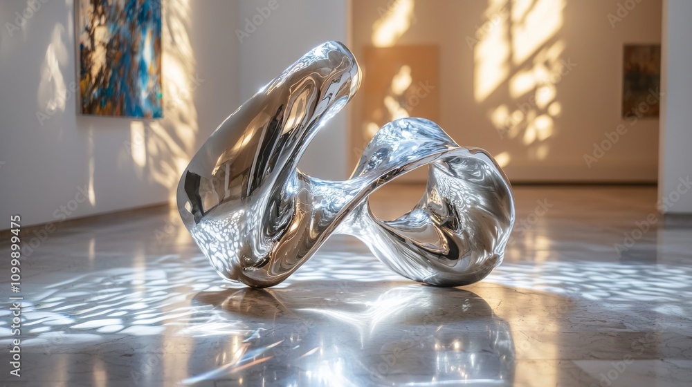 Poster a reflective, abstract sculpture in a gallery setting, showcasing fluid shapes and light patterns on