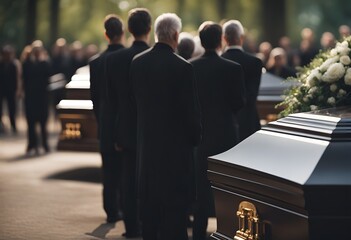 Funeral, close-up of a coffin with people in black clothes in the background in a blur