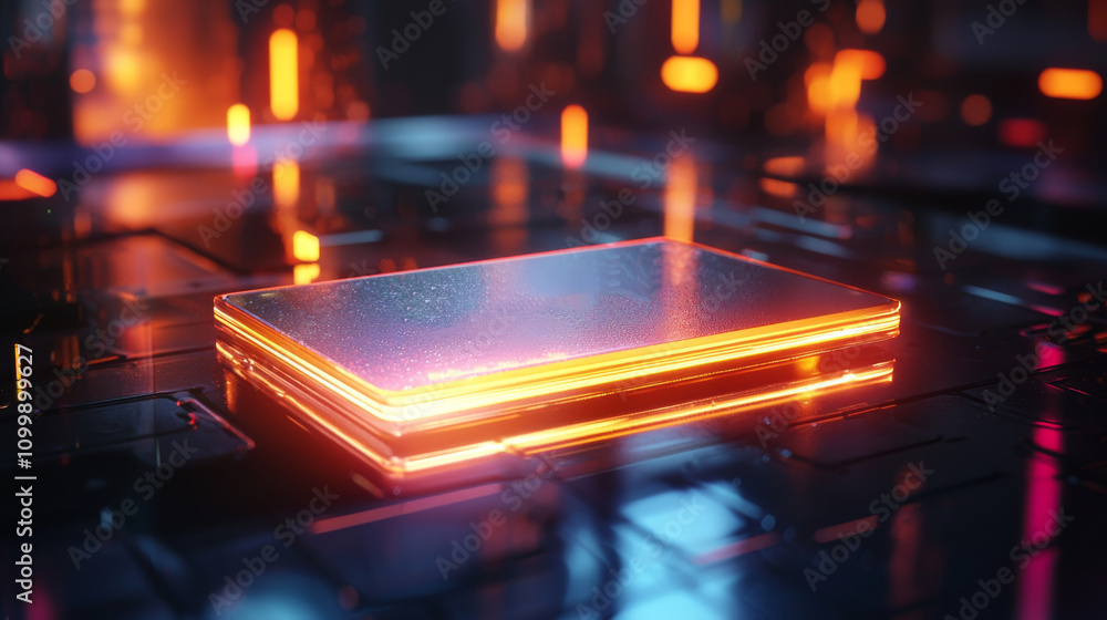 Poster a futuristic, glowing rectangular object sits on a reflective surface, illuminated by vibrant neon l