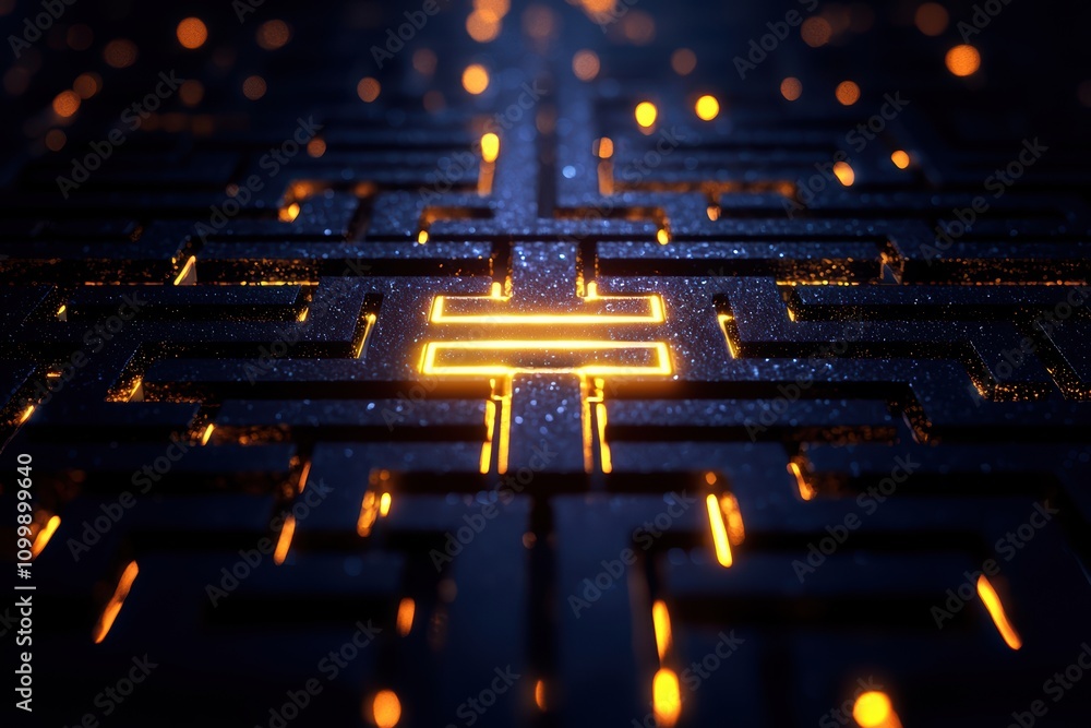 Poster futuristic maze with glowing lines creating a visually striking digital landscape.