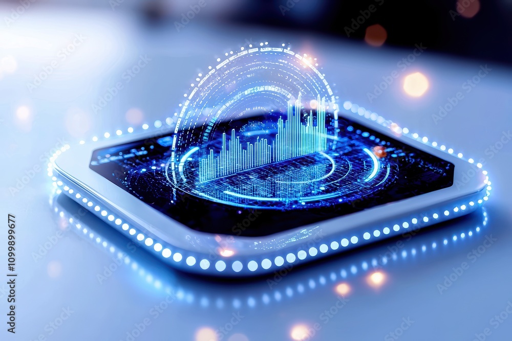 Poster futuristic tablet with holographic interface showcasing data visualization.