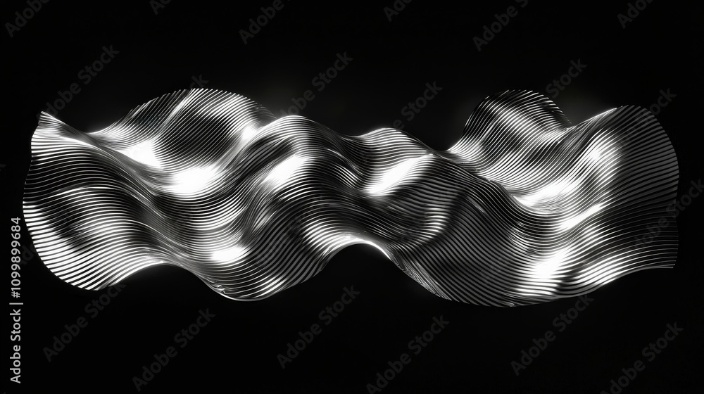 Aufkleber a dynamic, wavy structure with a metallic texture and contrasting light patterns, set against a dark