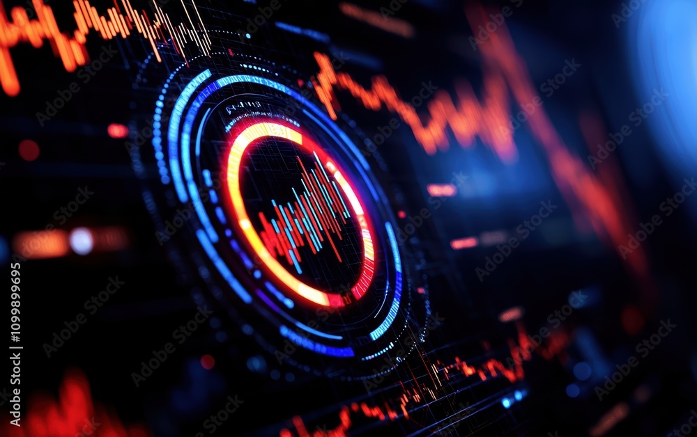 Poster futuristic visualization of sound waves and digital data in vibrant colors.