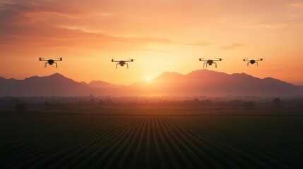 Smart drones spraying water over fields as sunlight filters through vibrant clouds. Smart and modern agricultural technology. Agricultural product monitoring.