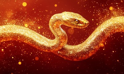 Obraz premium red background, golden flat snake illustration, glittery effect to spice up
