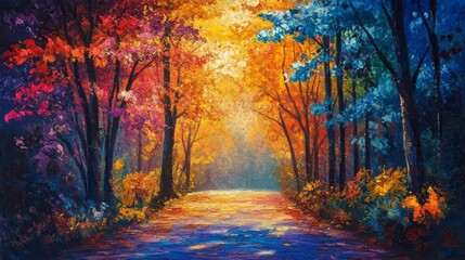 Obraz premium Vibrant Autumn Forest Path Landscape Painting