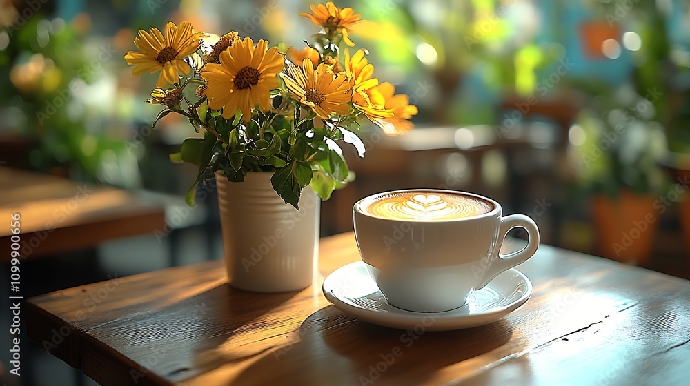 Poster cozy café setting with coffee and yellow flowers on sunlit table : generative ai