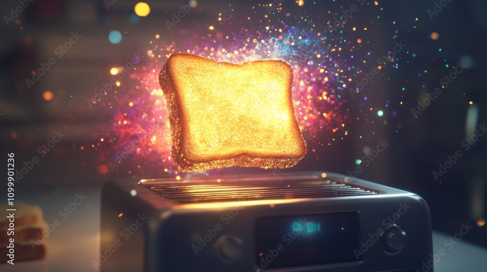 Poster floating toast with colorful sparks in modern kitchen setting