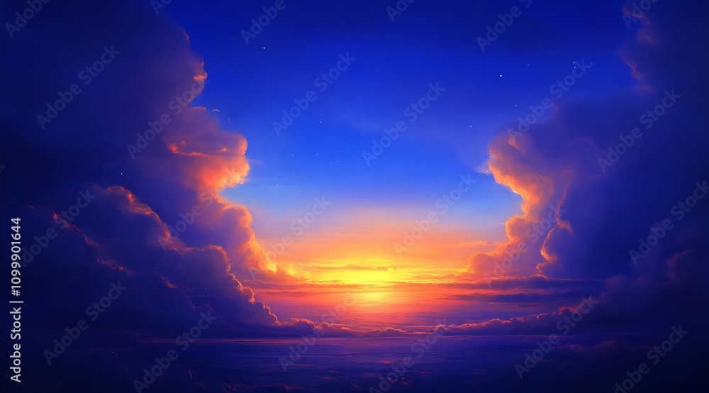 Poster vibrant sunset clouds creating a dramatic sky canvas at twilight time : generative ai