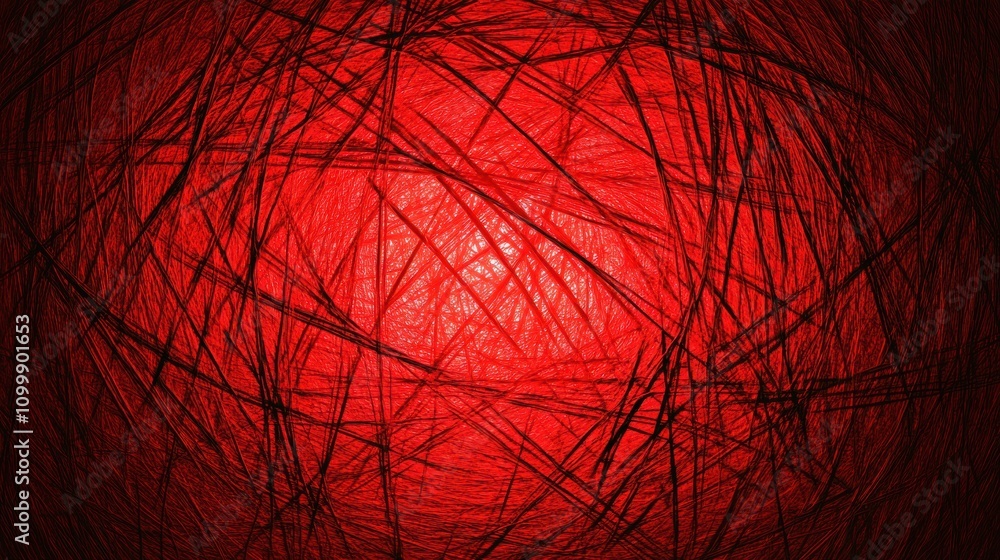 Poster abstract red background with intricate black line patterns creating a dramatic effect.