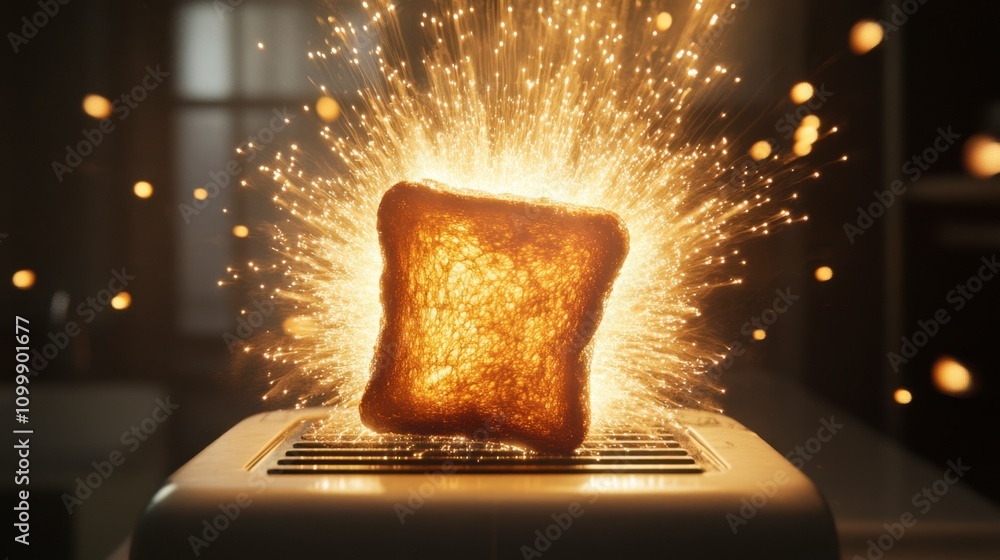 Poster toast exploding with sparks in a modern kitchen appliance setting