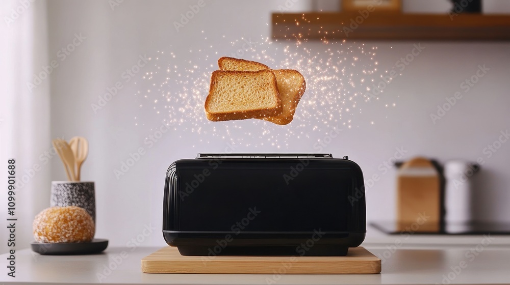 Poster modern kitchen toaster with floating toast slices and sparkles