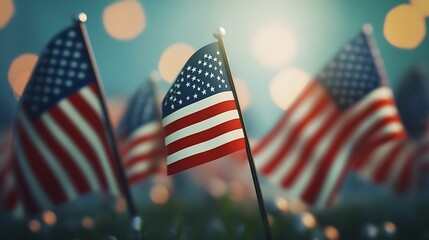 Obraz premium Majestic Array of American Flags Softly Glowing Amidst Dreamy Bokeh Scene : Generative AI