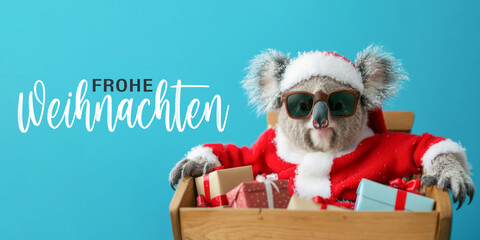 Frohe Weihnachten Urlaub Winter Grußkarte mit deutschem Text - Cooler Koalabär mit Weihnachtsmannmütze, Sonnenbrille, Schlitten und Geschenken, isoliert auf blauem Hintergrund