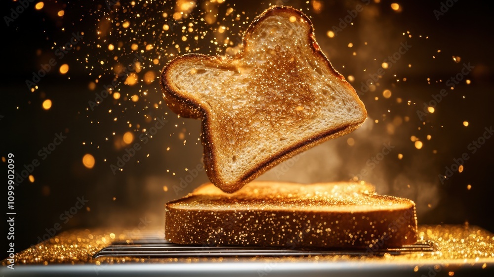 Poster glowing toast slice floating above golden sparkles on dark background