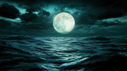 Moon's Role in Tides. A serene night scene featuring a luminous full moon reflecting on dark ocean waters beneath a moody sky.